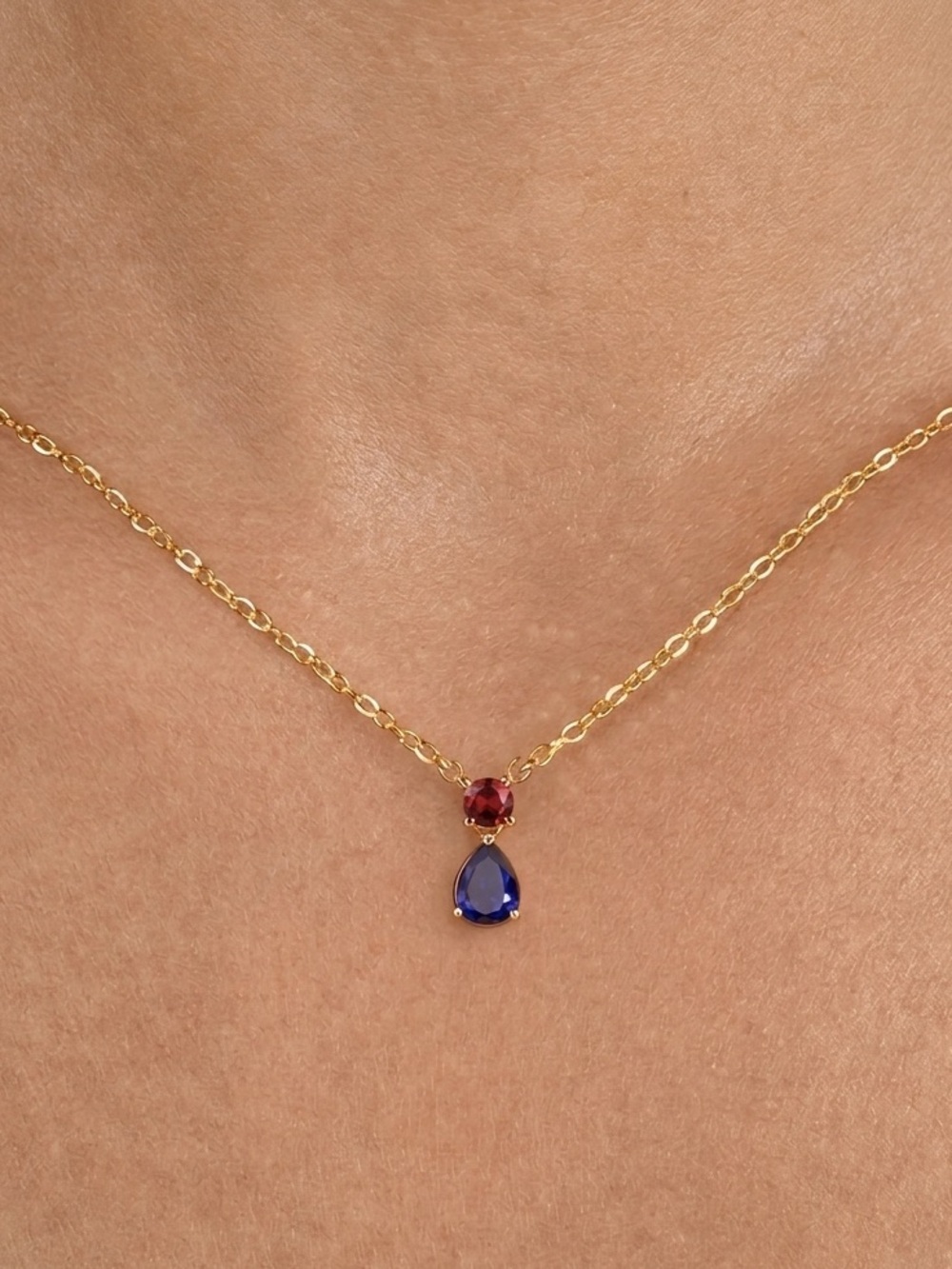 #10 Stainless Steel Gold Chain Necklace with Blue Teardrop and Red Accent Gem